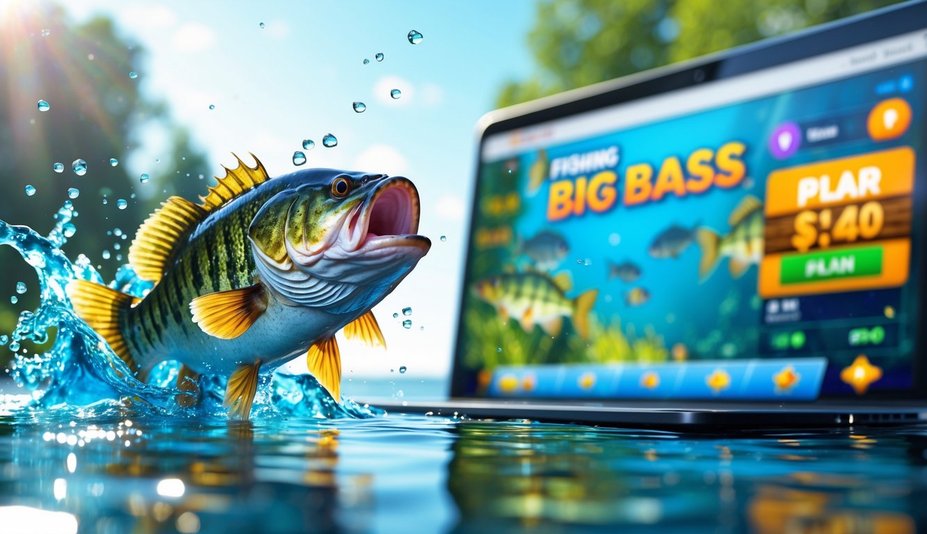 Ikan bass besar melompat keluar dari air dengan cipratan air, latar belakang layar perangkat menampilkan permainan slot online bertema memancing.