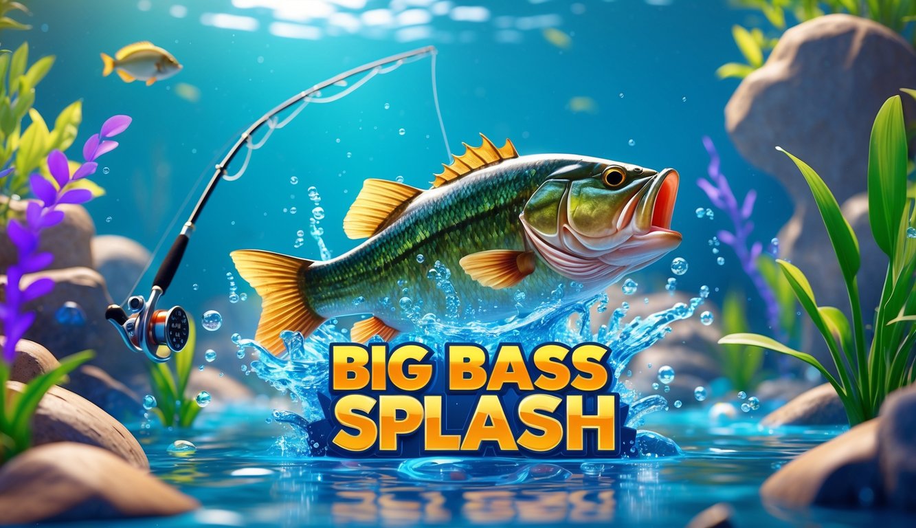 Ikan bass besar melompat keluar dari air di lingkungan bawah laut dengan tanaman air dan gelembung, menggambarkan tema permainan slot memancing.