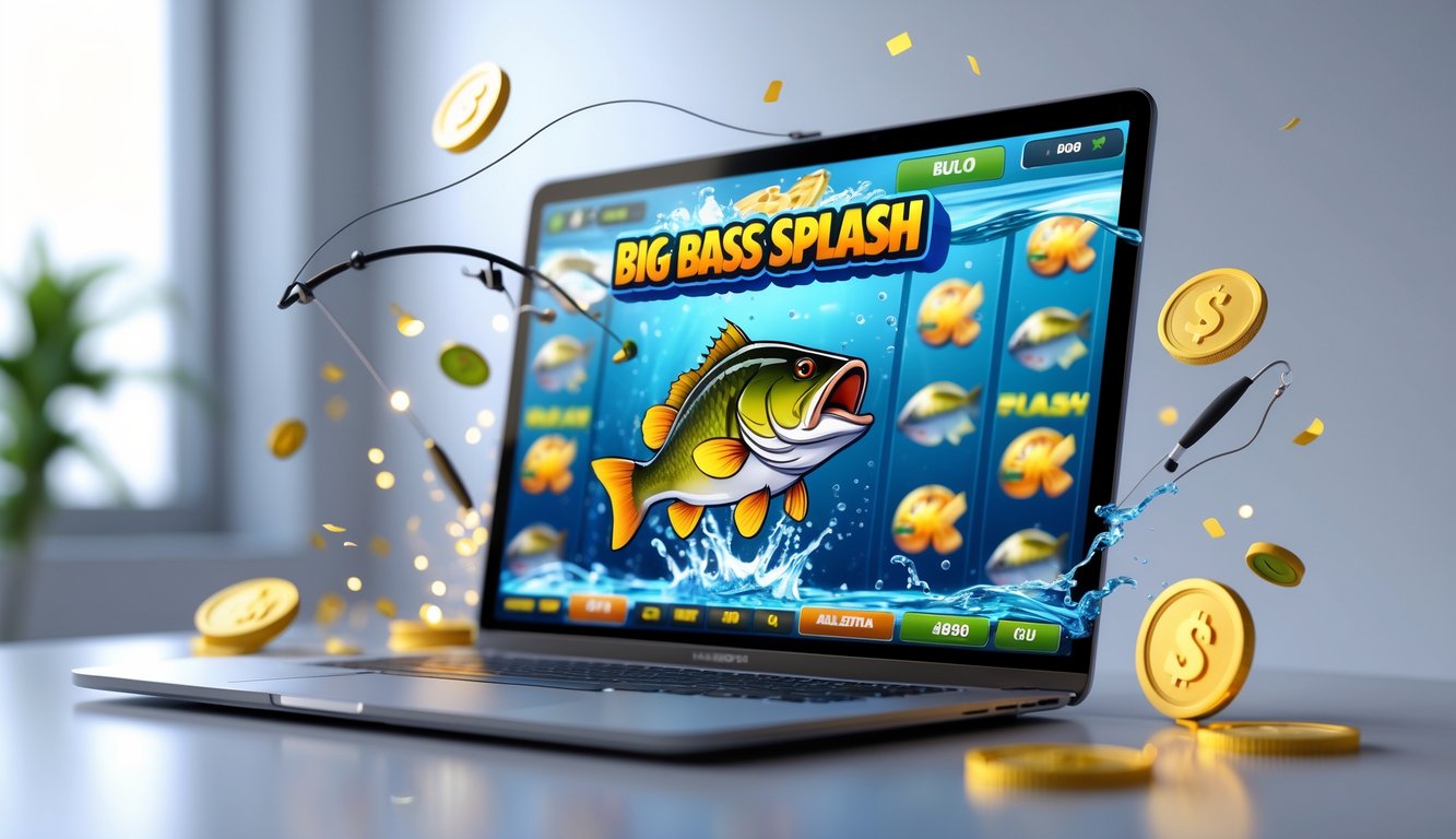 Seorang pengguna sedang bermain permainan slot online dengan tema ikan bass besar di layar komputer, dikelilingi oleh koin dan elemen air.