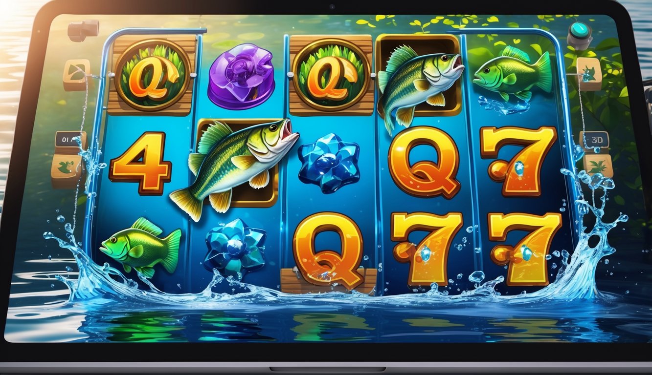 Tampilan layar permainan slot online bertema memancing ikan bass dengan simbol ikan, percikan air, dan ikon alat pancing.