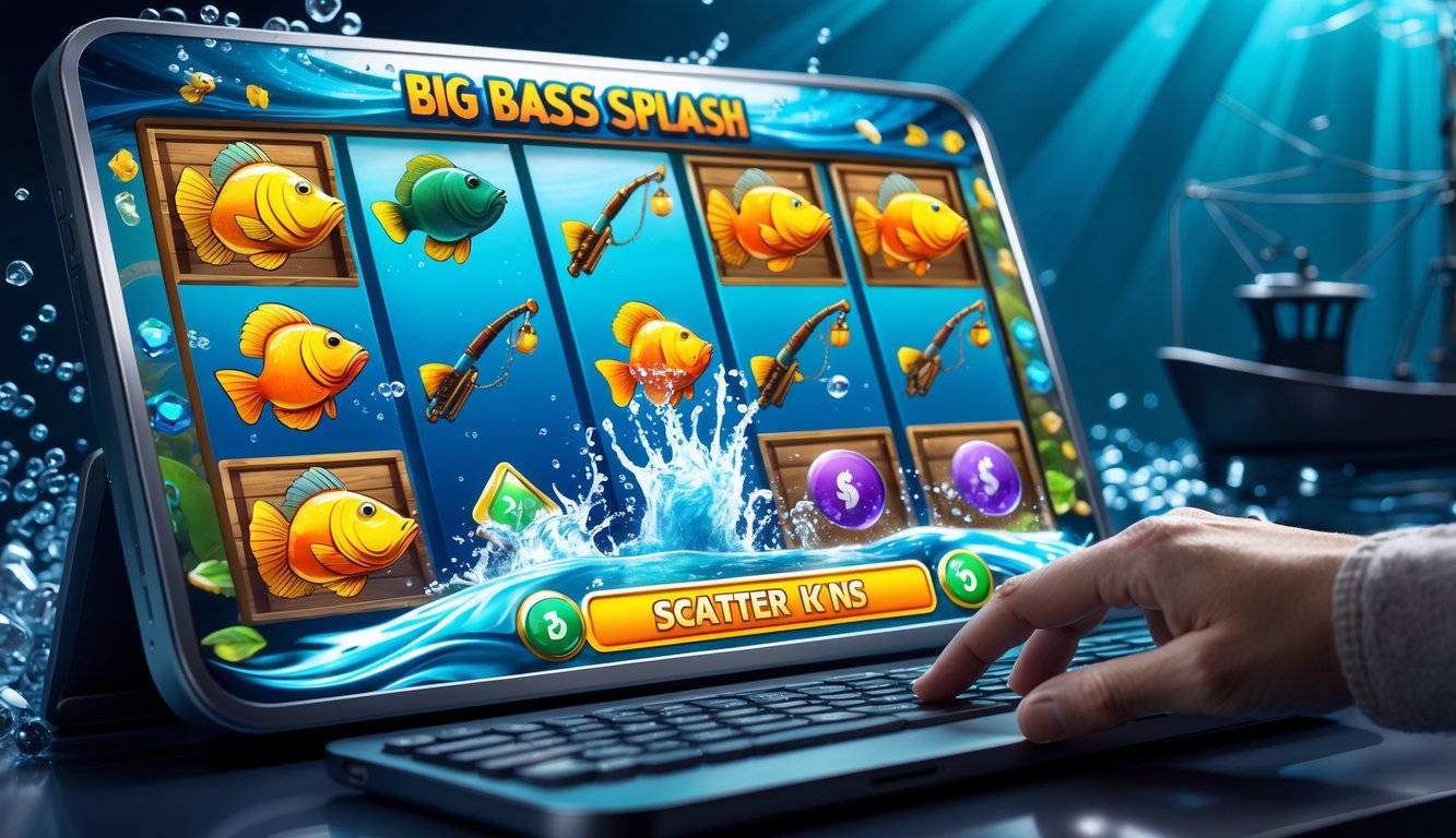 Seorang pemain menggunakan perangkat digital dengan layar menampilkan permainan slot online bertema ikan bass besar dan air, dengan latar belakang suasana bawah laut dan perahu nelayan.
