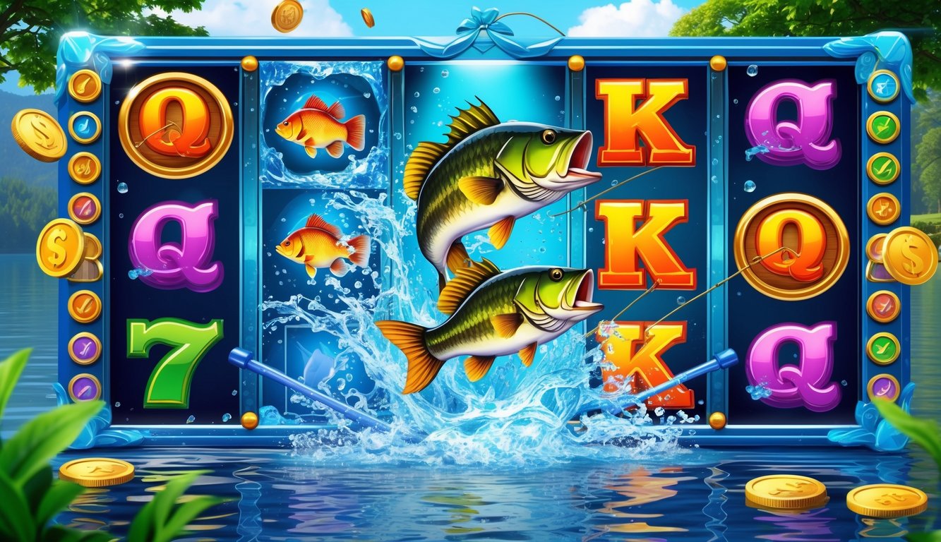 Tampilan mesin slot online dengan tema memancing ikan bass besar di latar danau yang tenang.