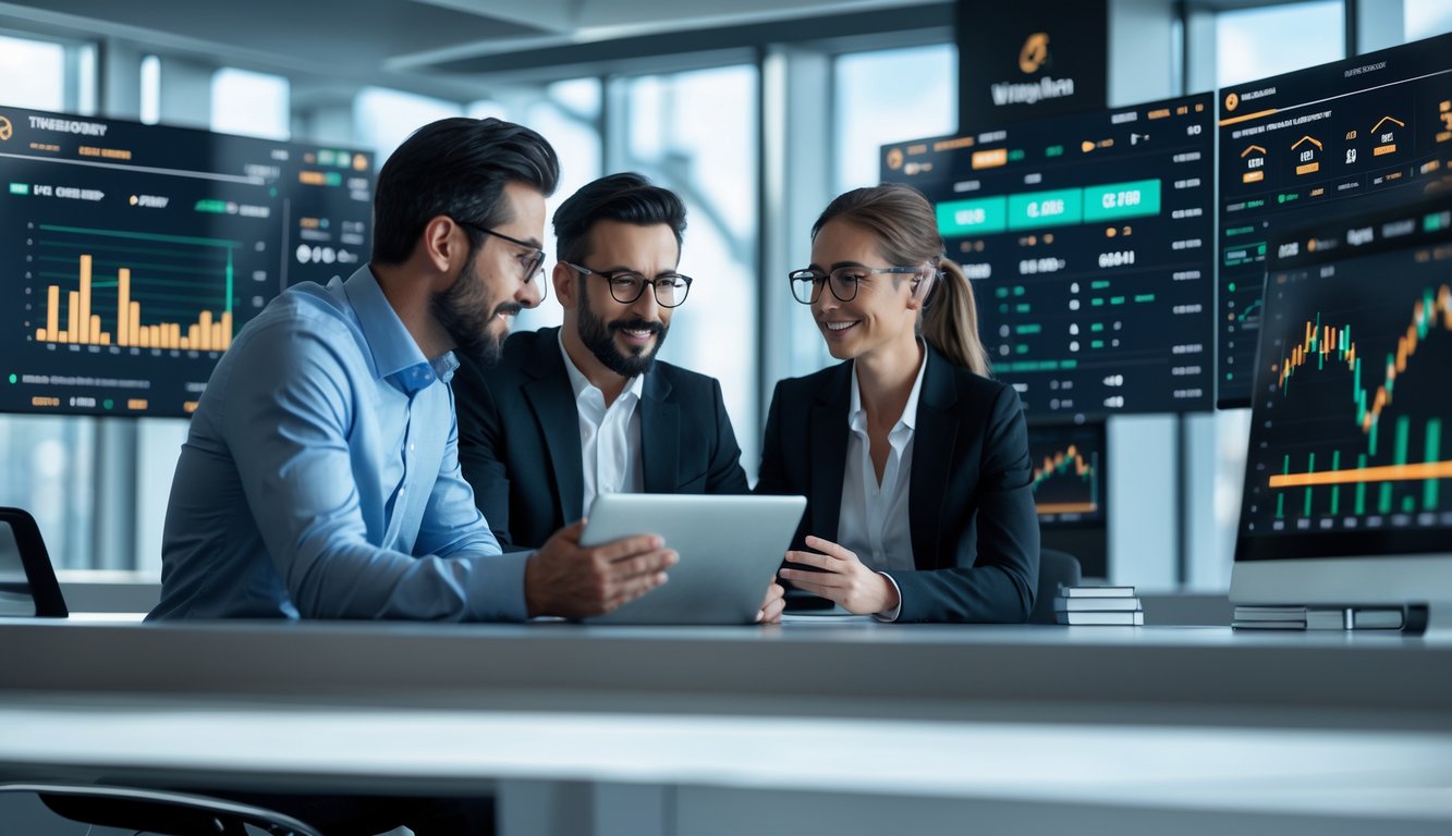 Dua analis olahraga sedang melihat data pertandingan sepak bola di layar besar dalam kantor modern.