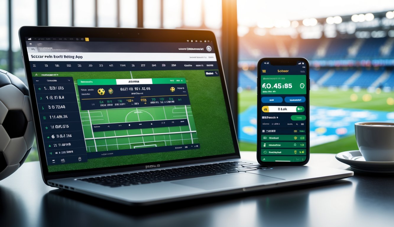 Seorang pria menggunakan laptop dan ponsel untuk memasang taruhan bola dengan statistik dan skor pertandingan sepak bola yang terlihat di layar.