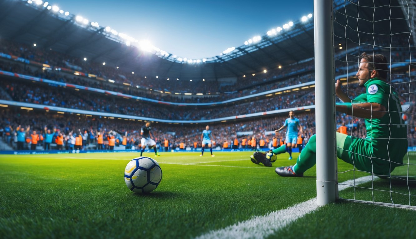 Suasana stadion sepak bola dengan bola mendekati garis gawang dan penonton yang antusias menyaksikan pertandingan.