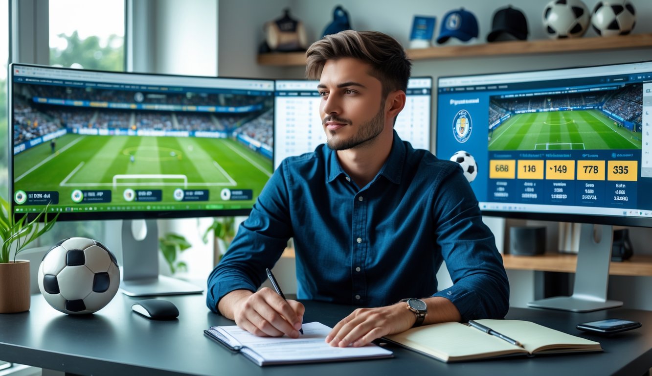 Seorang pria muda duduk di meja kerja dengan beberapa layar komputer yang menampilkan statistik pertandingan sepak bola dan grafik prediksi.
