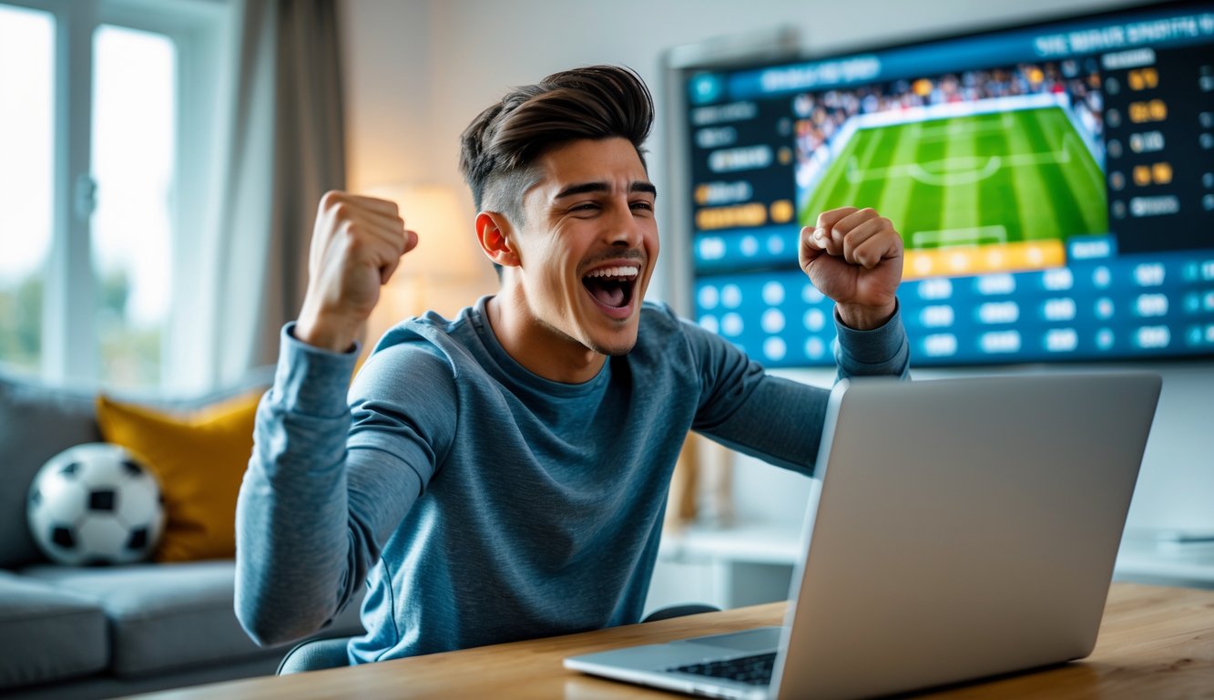 Seorang pria muda merayakan gol sambil menonton pertandingan sepak bola secara online di laptop di ruang tamu.