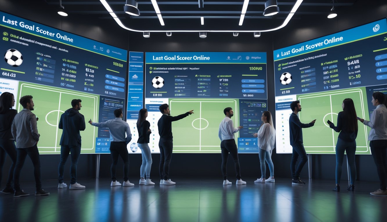 Sekelompok orang muda sedang melihat layar besar yang menampilkan statistik pertandingan sepak bola dan memasang taruhan online dalam suasana modern dan profesional.