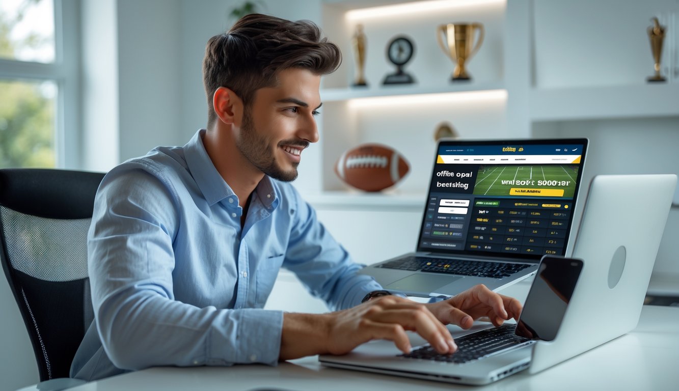 Seorang pria muda duduk di meja dengan laptop dan ponsel, fokus bermain taruhan olahraga online di ruangan yang terang dengan dekorasi olahraga.