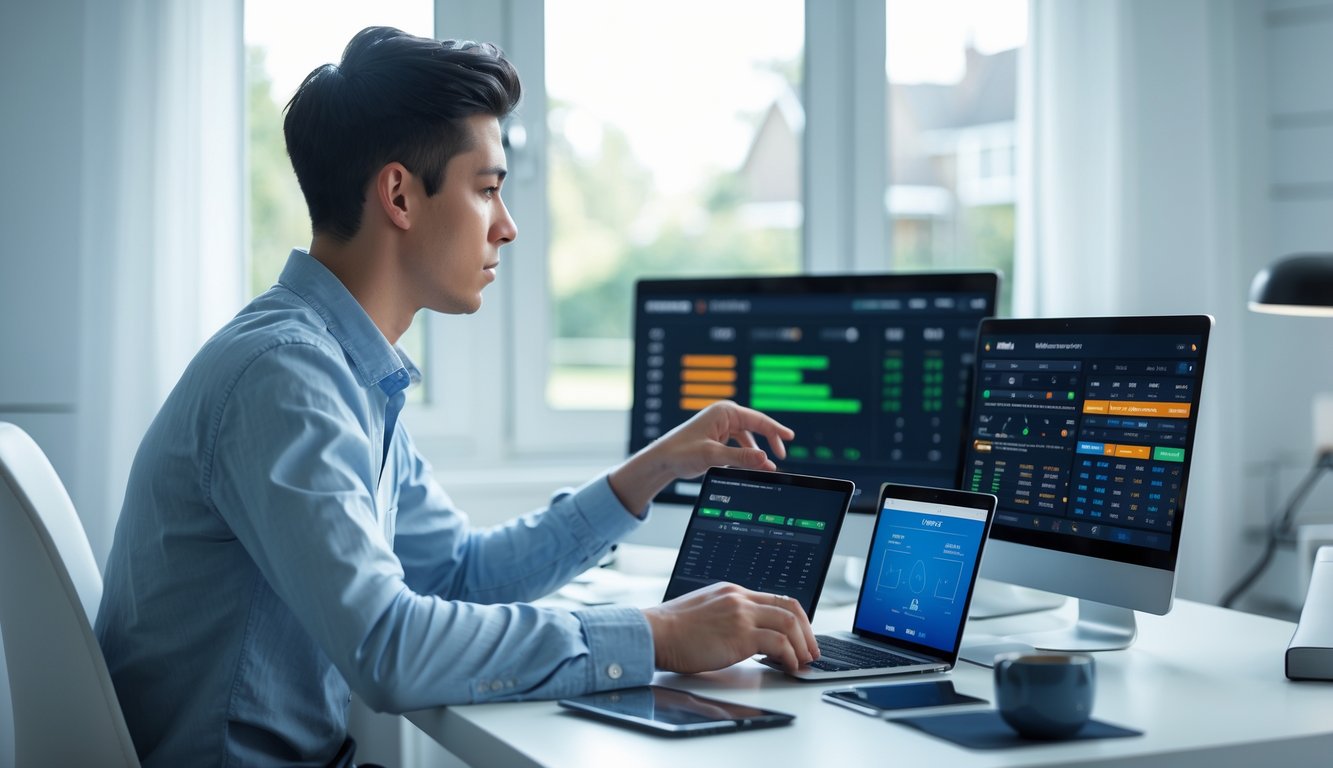 Seorang pria muda duduk di meja dengan laptop dan smartphone, menganalisis data taruhan sepak bola di ruang kerja yang terang.