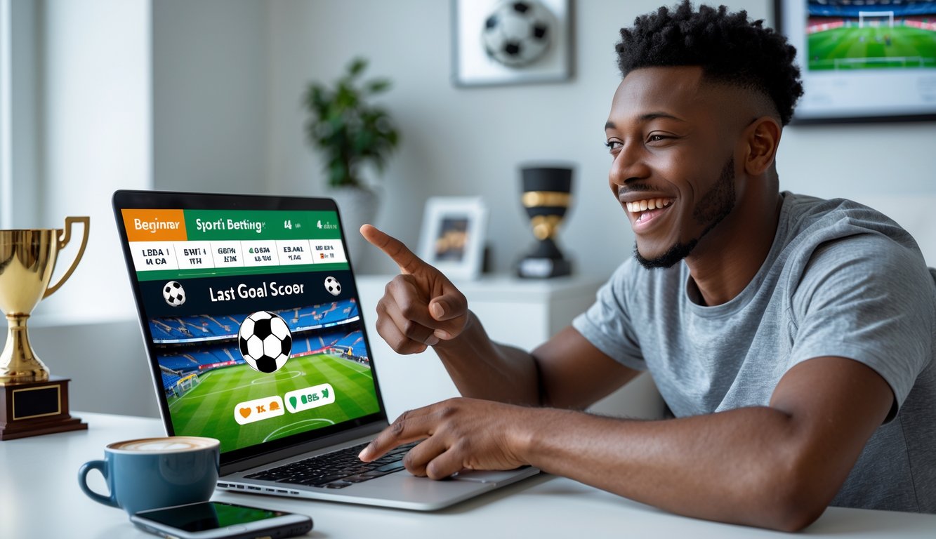 Seorang pemula sedang belajar bermain permainan prediksi pencetak gol terakhir secara online di depan laptop di ruang kerja rumah.