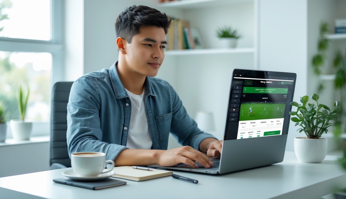 Seorang pria muda duduk di meja dengan laptop di ruang kerja rumah yang terang dan rapi, fokus menggunakan komputer.