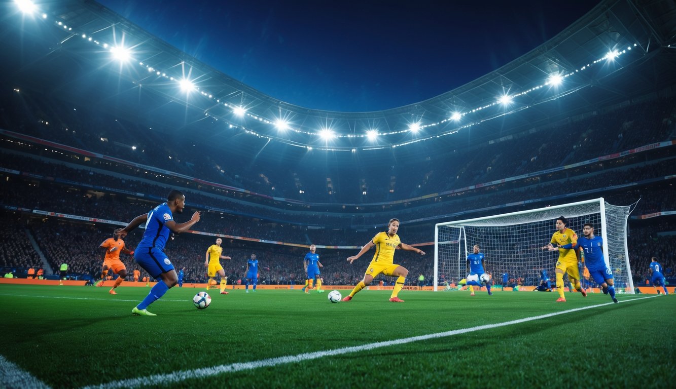 Stadion sepak bola malam hari dengan pemain yang sedang berusaha mencetak gol, penonton bersorak di tribun.