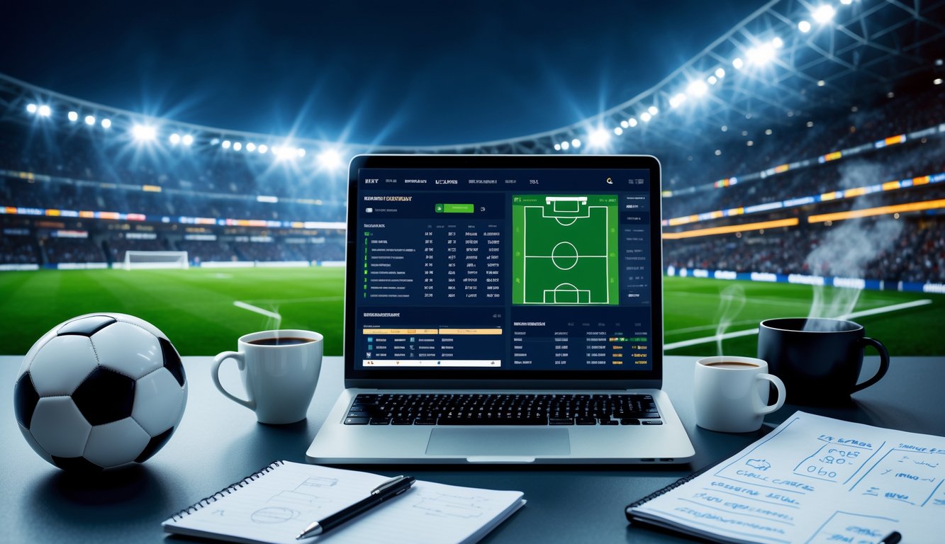 Meja kerja dengan laptop yang menampilkan data pertandingan sepak bola, bola sepak, dan layar stadion sepak bola penuh penonton di latar belakang.