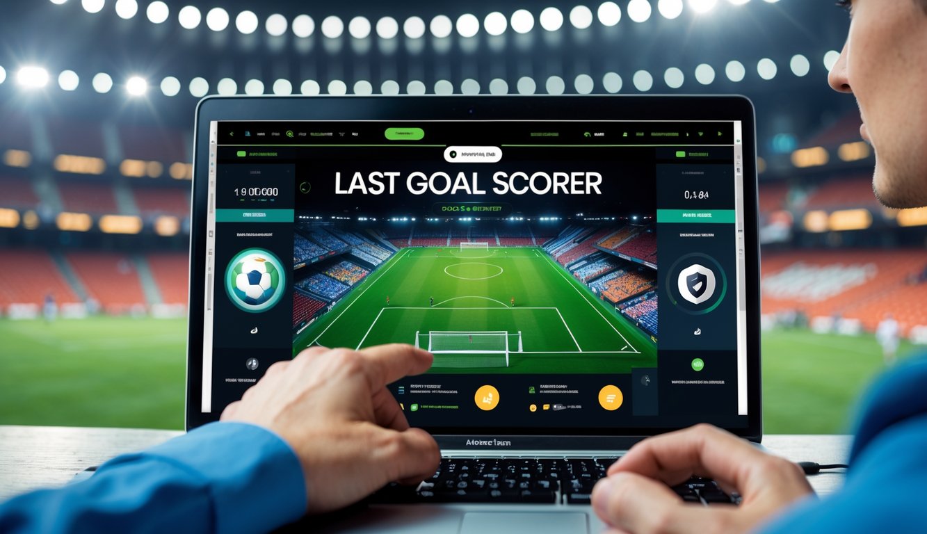 Seseorang menggunakan laptop dengan tampilan situs taruhan sepak bola online, di latar belakang stadion sepak bola yang terang dan ramai.