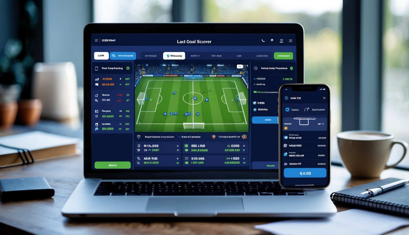 Seorang pengguna bekerja dengan laptop dan ponsel yang menampilkan aplikasi taruhan sepak bola dalam suasana ruang kerja modern.