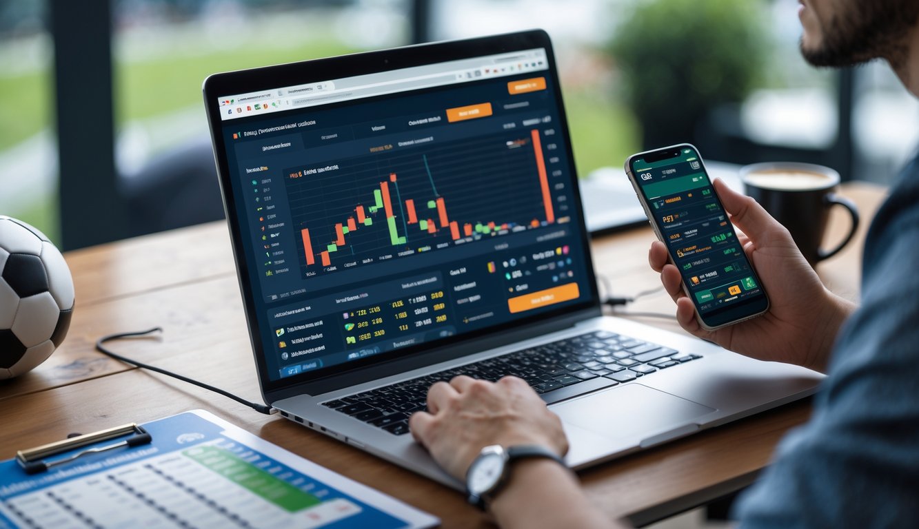 Seseorang sedang menganalisis statistik pemain sepak bola di depan laptop dan smartphone dalam suasana kerja yang modern.