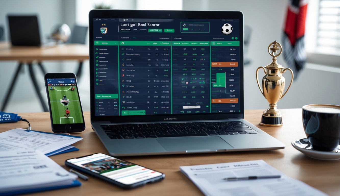 Sebuah ruang kerja modern dengan laptop menampilkan statistik pemain sepak bola dan grafik taruhan, dikelilingi catatan, ponsel dengan pertandingan sepak bola langsung, dan secangkir kopi.