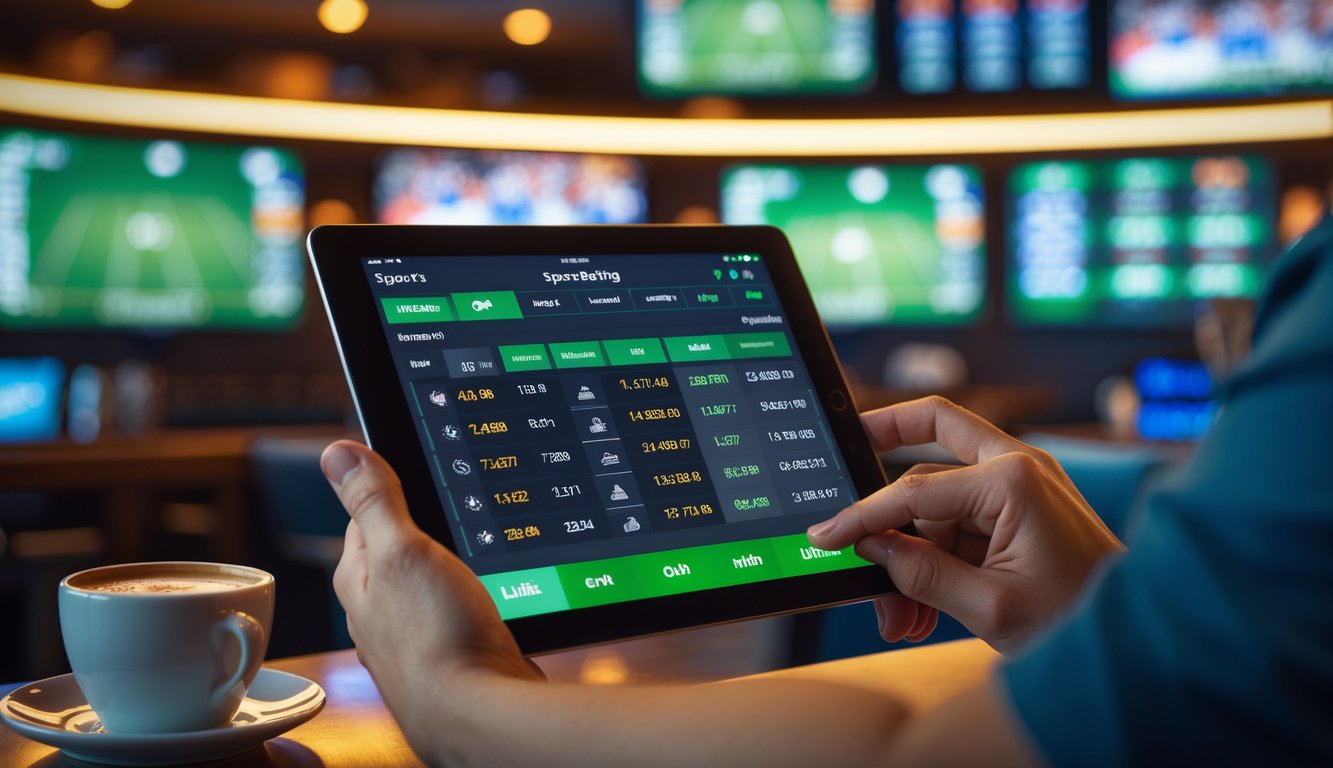 Seseorang menggunakan tablet dengan tampilan statistik pertandingan sepak bola di sebuah tempat yang terlihat seperti bar olahraga dengan layar besar menampilkan pertandingan sepak bola.