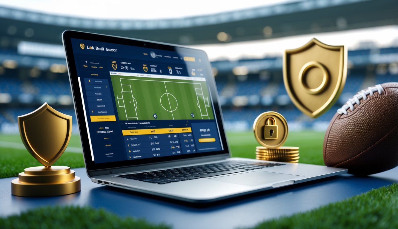 Sebuah ruang kerja digital modern dengan laptop yang menampilkan situs taruhan sepak bola online dan simbol kepercayaan di sekitarnya.