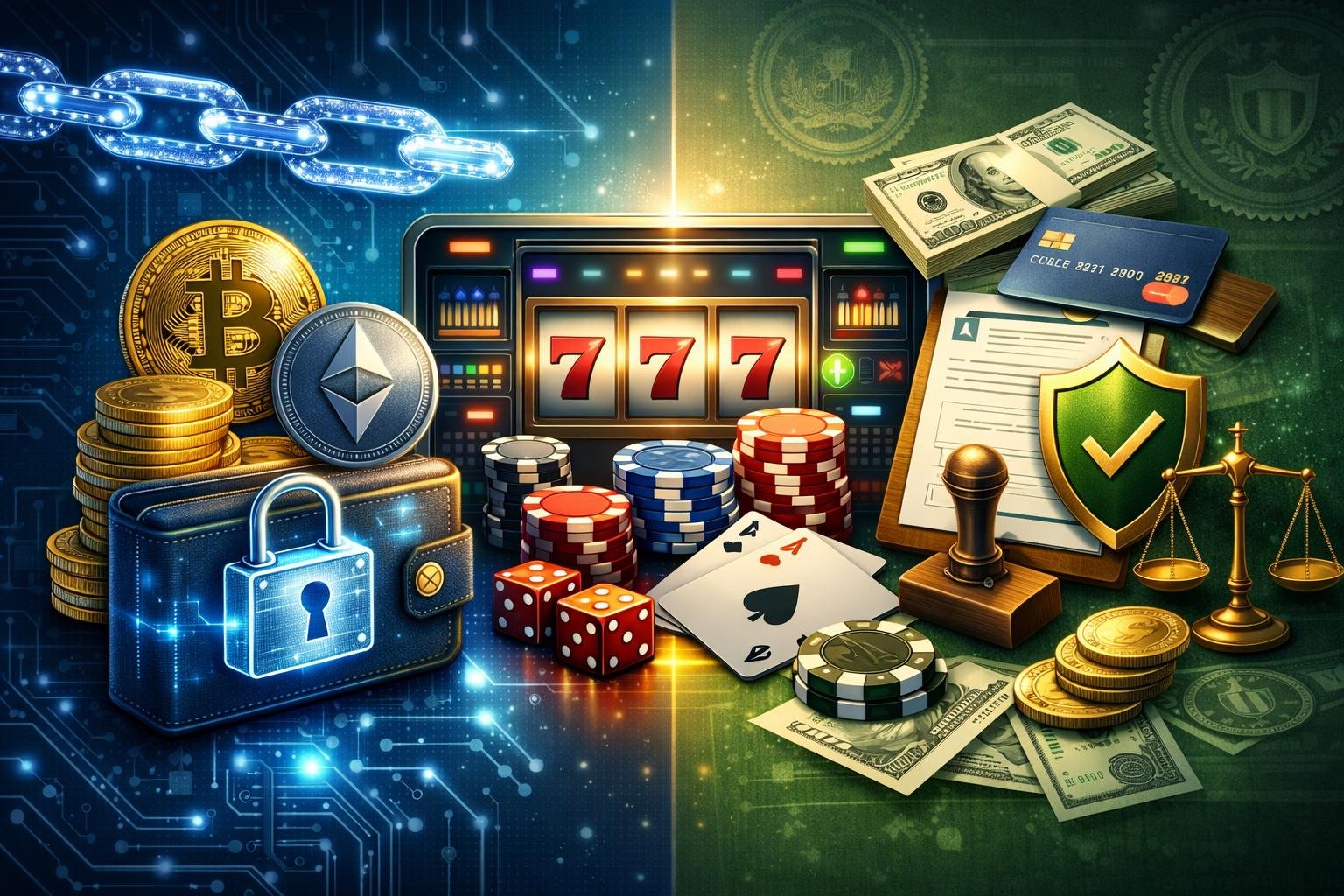 A Split Scene Showing Cryptocurrency Symbols And Digital Security On One Side, And Traditional Money With Regulatory Icons On The Other, Connected By An Online Casino Interface With Slot Machines And Poker Chips.