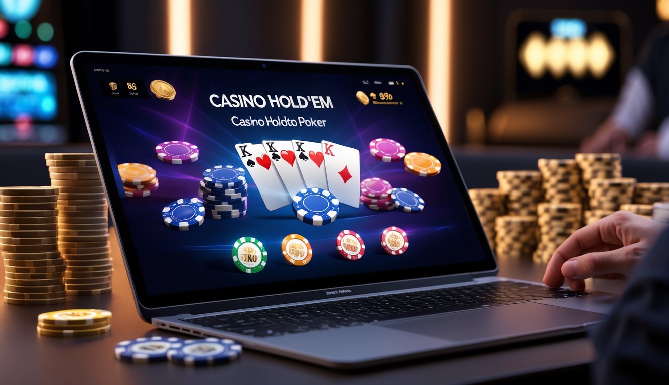 Suasana permainan Casino Hold’em online dengan laptop menampilkan kartu dan chip poker, suasana elegan dan pencahayaan hangat.