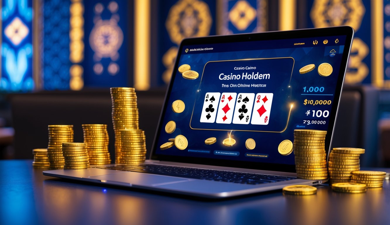 Seorang pemain menggunakan laptop untuk bermain Casino Hold’em online dengan tumpukan chip dan koin emas di sekitarnya, menunjukkan suasana kasino daring yang menarik.