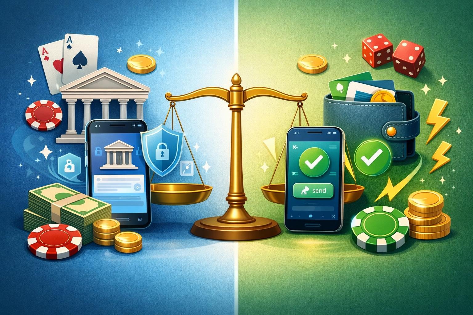 An Illustration Showing A Comparison Between Bank Transfers And EWallets For Online Casino Payments, With Icons Of A Bank, Digital Wallet, Smartphones, And Casino Elements Like Cards And Chips.