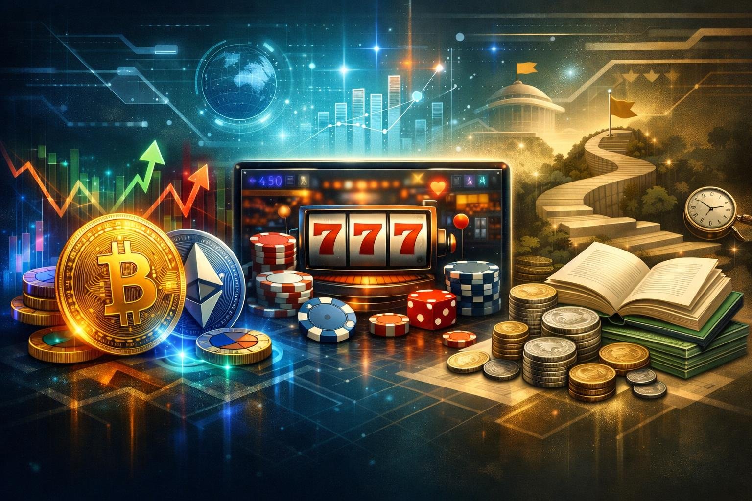 A Digital Scene Showing A Comparison Between Cryptocurrency And Traditional Money In Online Casino Gambling, Featuring Digital Coins And Fiat Bills On Either Side Of A Casino Interface With Slot Machines And Poker Chips.
