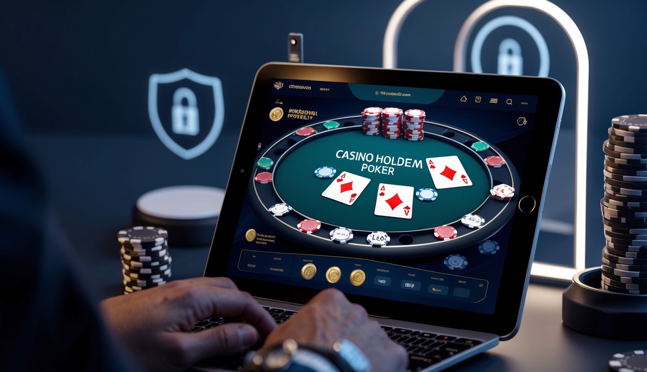 Suasana permainan Casino Hold'em poker online yang menampilkan layar perangkat dengan kartu dan chip, dikelilingi simbol keamanan di latar belakang.