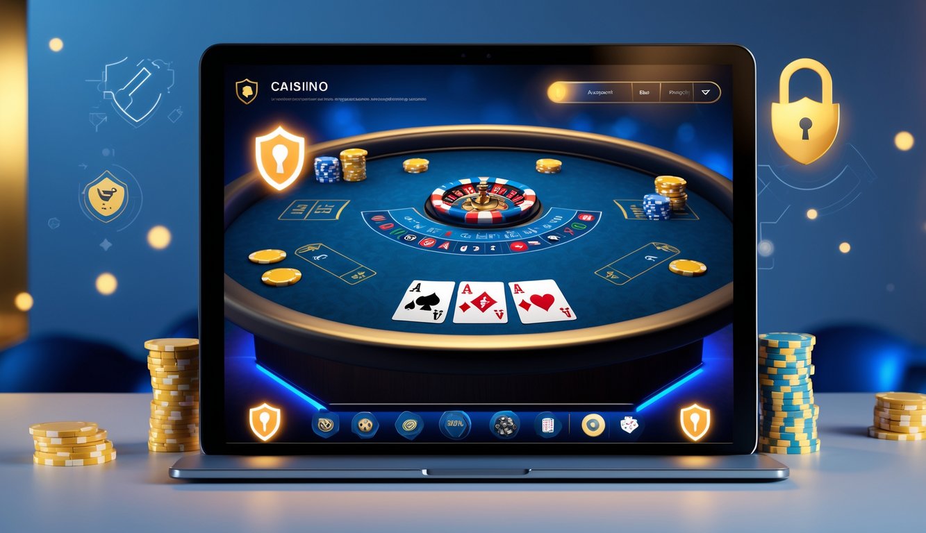 Suasana permainan Casino Hold’em online dengan layar perangkat menampilkan kartu dan chip, serta simbol keamanan di latar belakang.