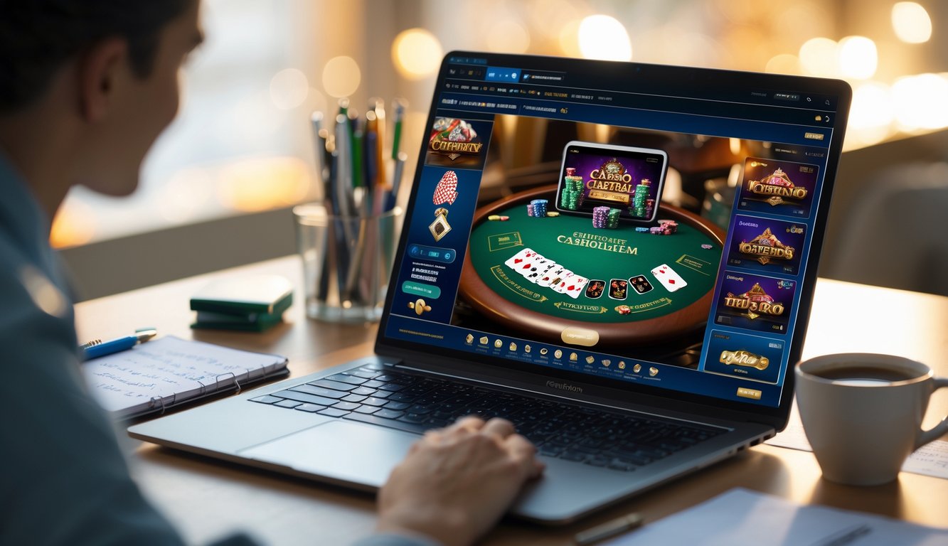 Seorang pemain sedang belajar bermain Casino Hold’em online di depan laptop dengan kartu dan chip poker di layar, di meja terdapat buku catatan dan secangkir kopi.