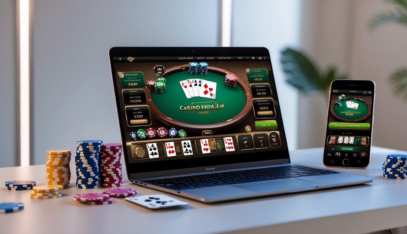 Sebuah meja dengan laptop dan smartphone yang menampilkan permainan Casino Hold’em online, dikelilingi oleh kartu remi dan chip poker.