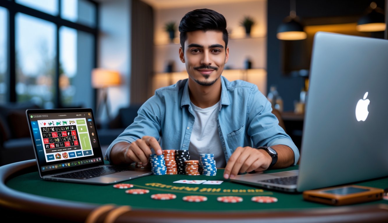 Seorang pria muda duduk di meja dengan laptop dan kartu poker, bermain Casino Hold’em online di lingkungan rumah yang modern.