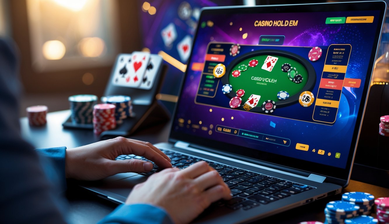 Seorang pemain sedang bermain Casino Hold’em online di depan komputer dengan kartu dan chip poker terlihat di layar.