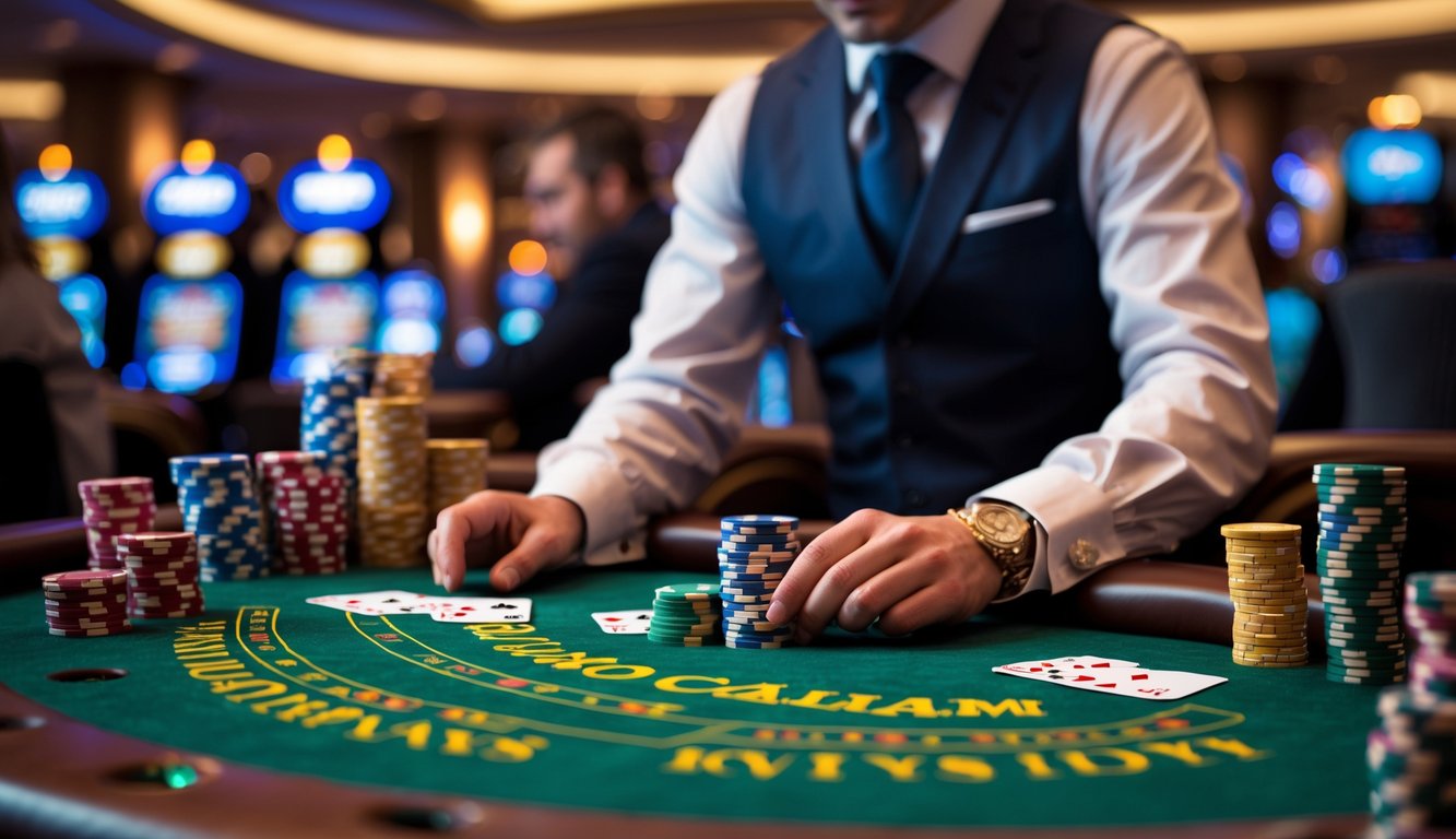 Suasana meja poker Casino Hold’em dengan dealer dan pemain yang sedang bermain di kasino mewah.
