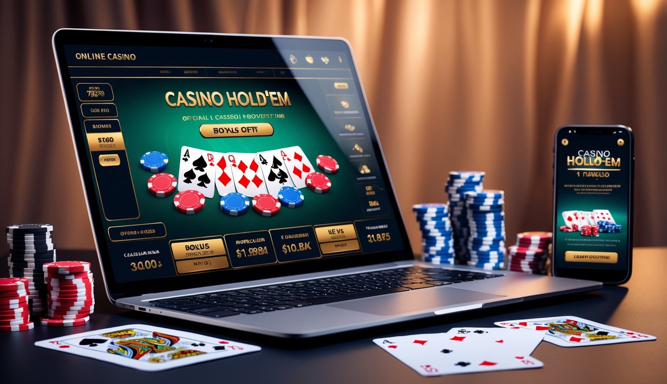 Seorang pria menggunakan laptop dengan tampilan permainan Casino Hold’em online, dikelilingi chip poker dan kartu bermain di atas meja.