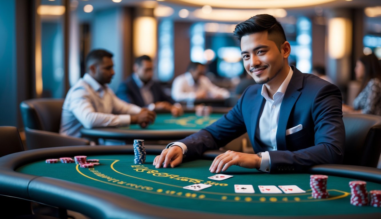 Seorang pria muda percaya diri duduk di meja kasino modern bermain Casino Hold’em dengan kartu dan chip poker di depan.