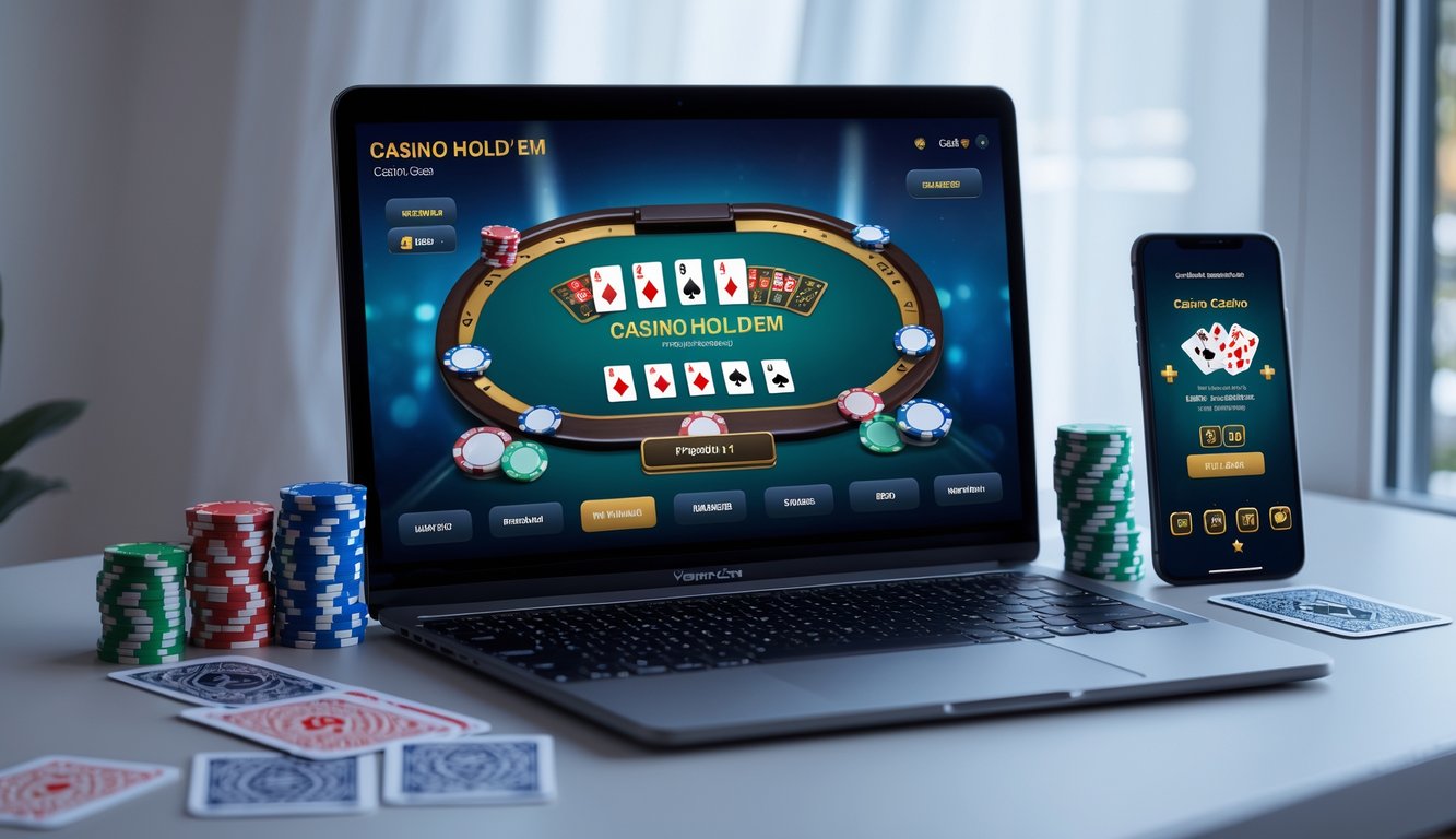 Seseorang bermain Casino Hold’em online menggunakan laptop dengan kartu dan chip poker di meja.
