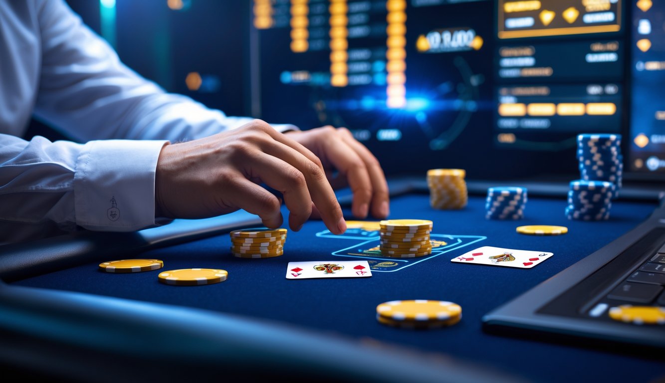 Tampilan layar komputer dengan permainan poker Casino Hold’em online dan suasana yang profesional dan terpercaya.