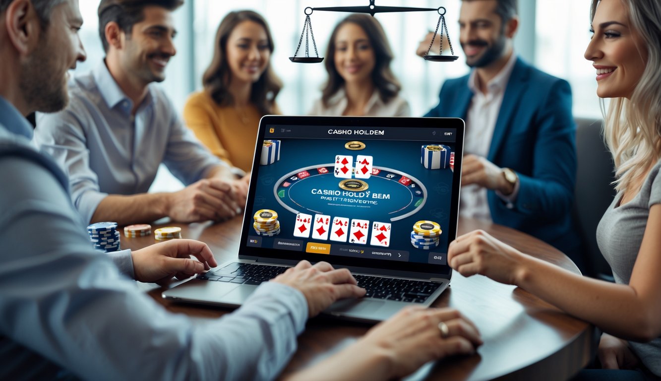 Orang-orang sedang bermain Casino Hold’em online menggunakan perangkat digital di lingkungan yang nyaman dan terang.