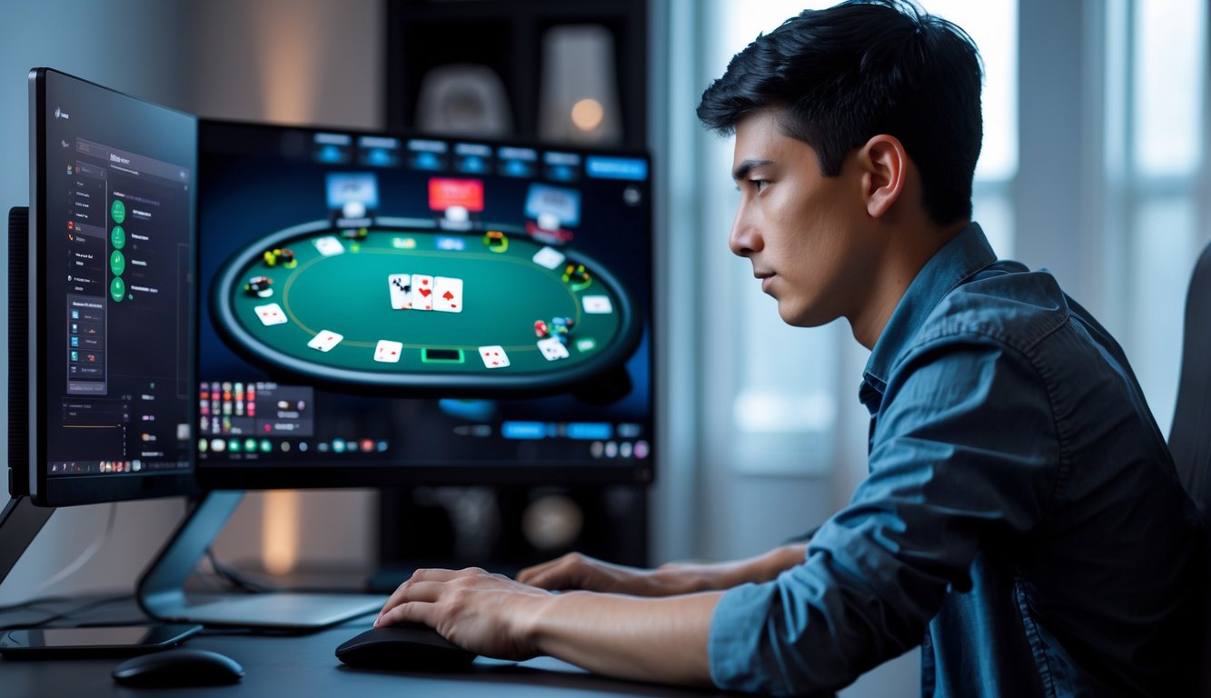 Seorang pria muda fokus bermain poker Casino Hold’em online di depan komputer dengan meja poker digital di layar.