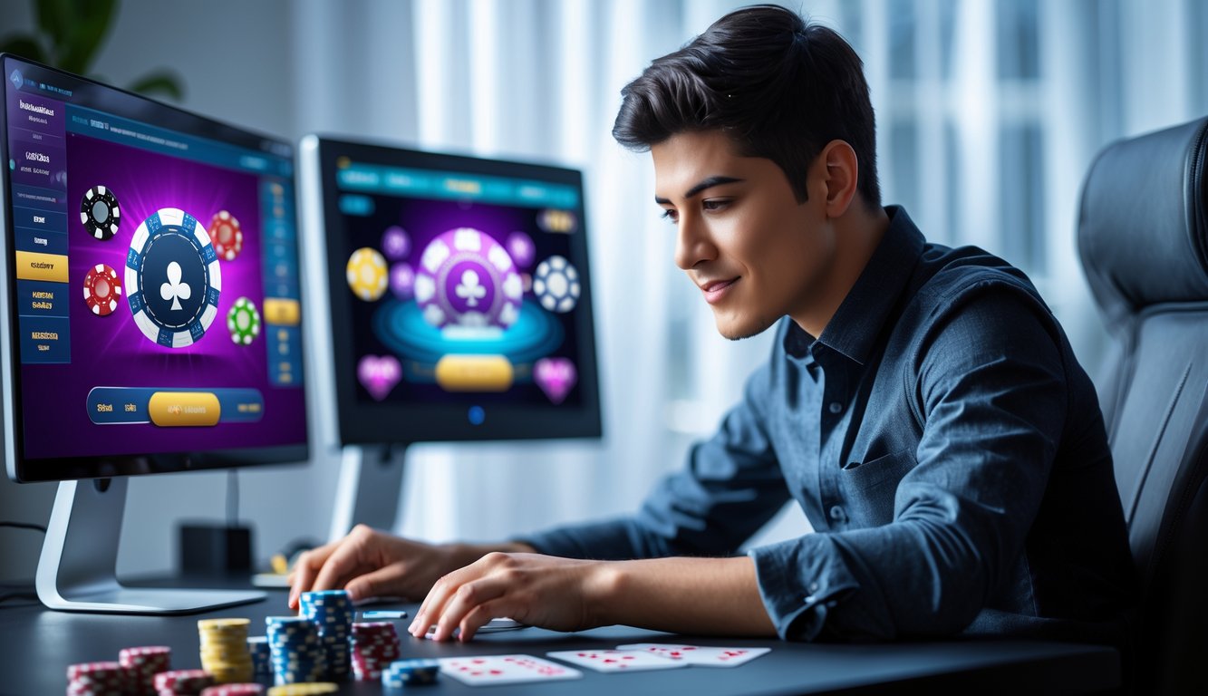 Seorang pemain kasino online fokus bermain Casino Hold’em di depan komputer dengan kartu dan chip poker di meja.