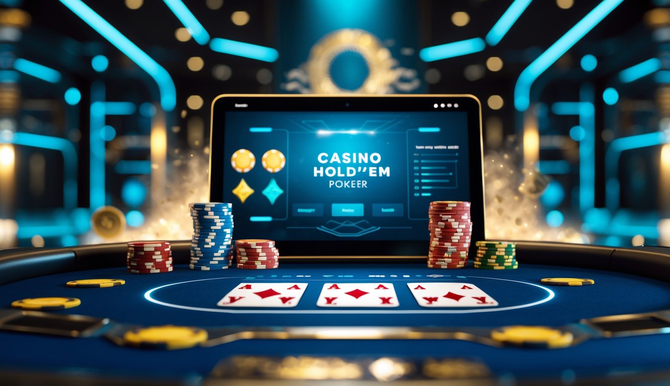 Suasana meja poker Casino Hold’em online dengan kartu dan chip di layar komputer, latar belakang menunjukkan elemen teknologi dan stabilitas server.
