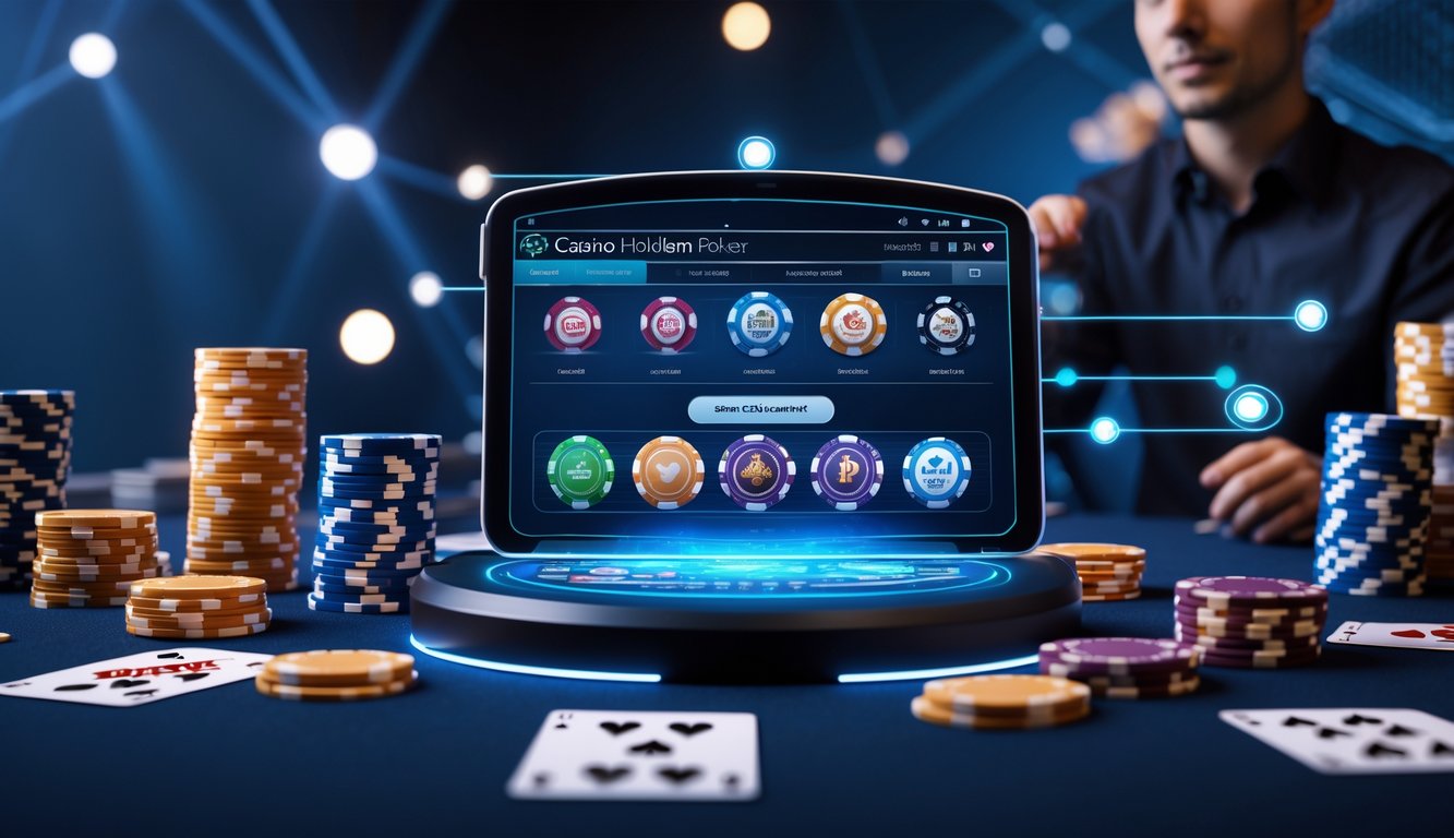 Seorang pemain berinteraksi dengan antarmuka kasino online dan server stabil dengan latar belakang chip dan kartu poker.