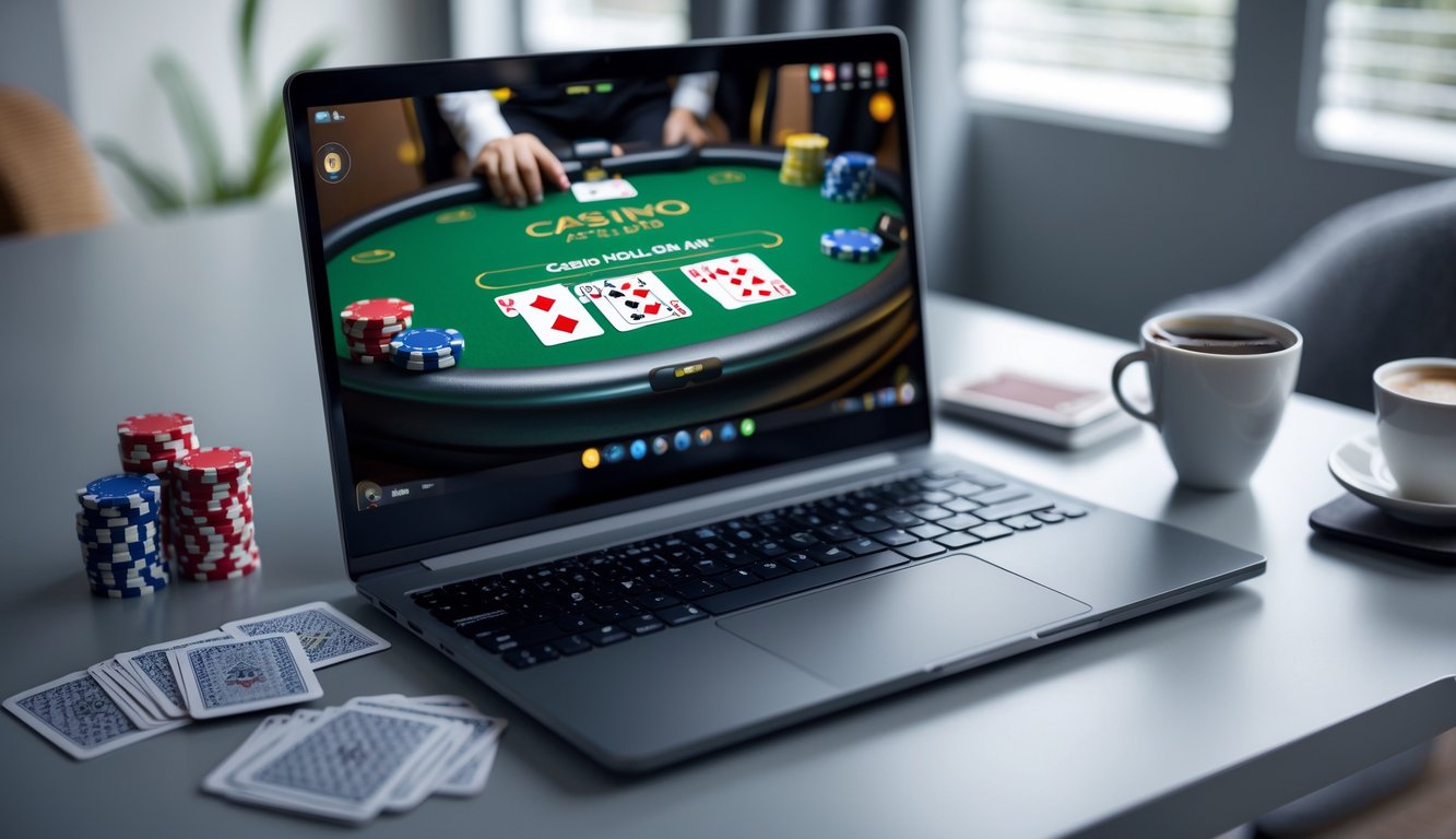 Sebuah meja kerja dengan komputer menampilkan permainan Casino Hold’em poker online, dikelilingi oleh chip poker dan kartu remi.