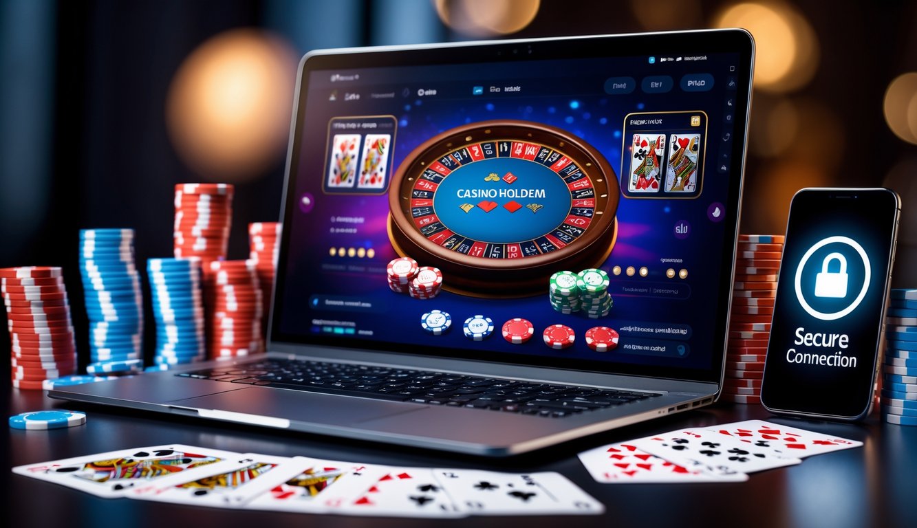 Sebuah laptop dengan permainan Casino Hold'em online, dikelilingi oleh tumpukan chip poker dan kartu remi di atas meja.