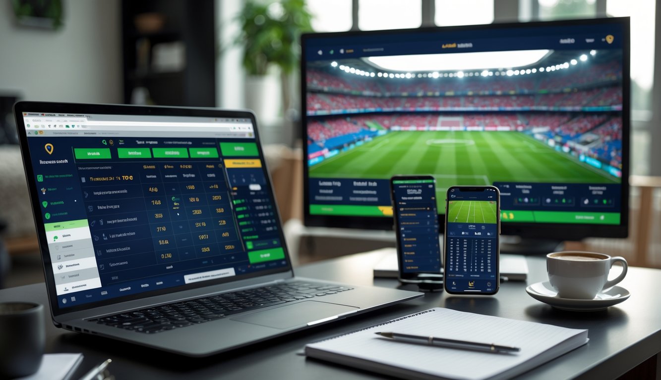 Seorang pria menggunakan laptop dan ponsel untuk memasang taruhan sepak bola online, dengan pertandingan sepak bola yang sedang berlangsung di layar televisi di latar belakang.