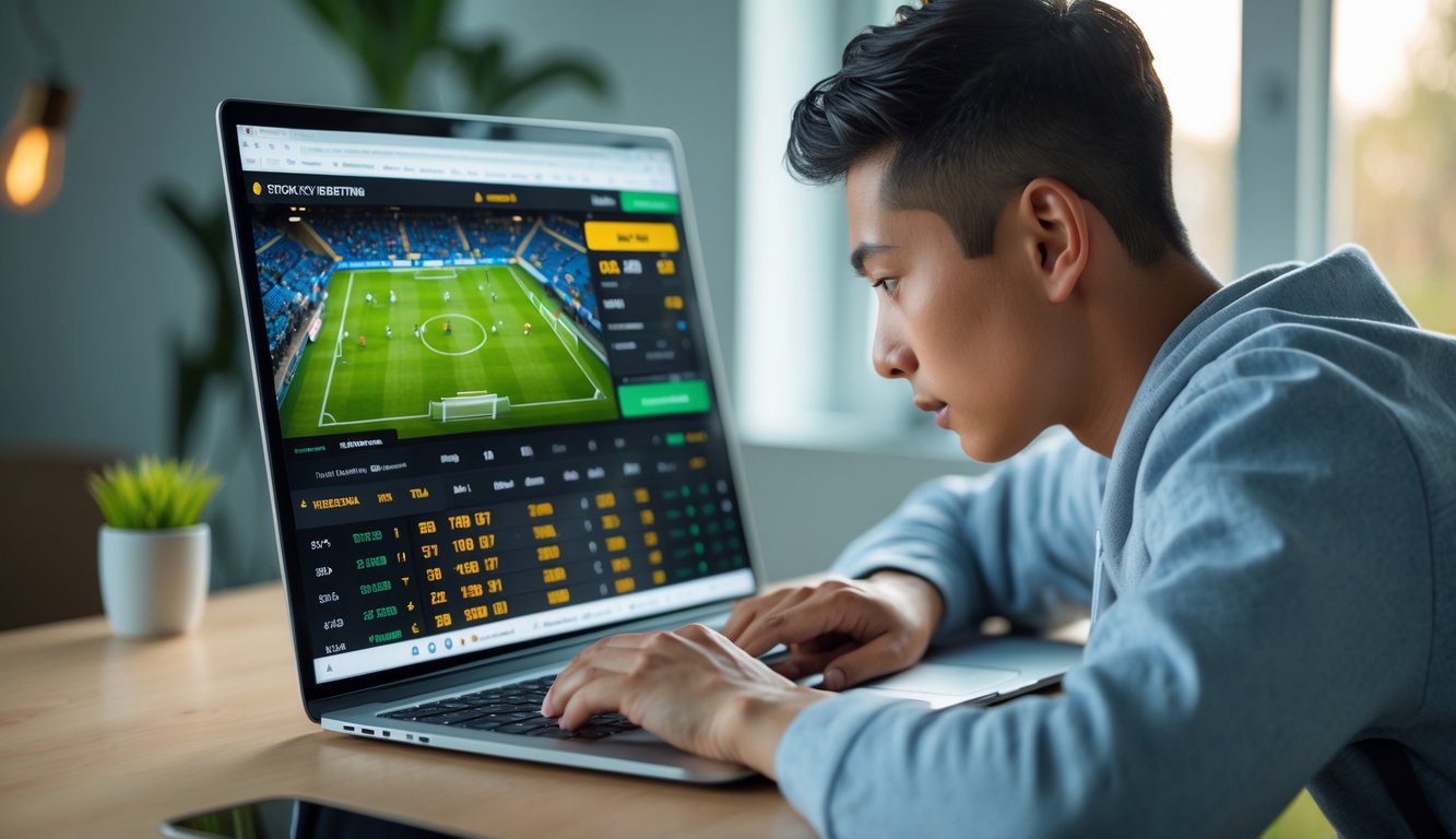 Seseorang menggunakan laptop atau ponsel untuk memasang taruhan sepak bola secara online di lingkungan yang nyaman dan aman.