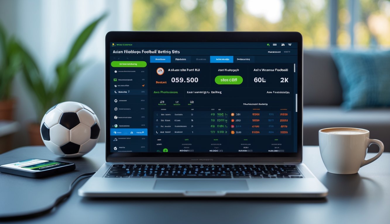 Seorang pengguna duduk di depan laptop yang menampilkan halaman taruhan sepak bola handicap Asia dengan bola sepak di meja, di dalam ruangan yang terang dan nyaman.